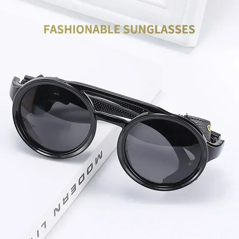 Steampunk Sunglasses Men Women Classic Sun Glasses with Side Leather Round Eyewears Punk UV400 Lens Vintage Fashion