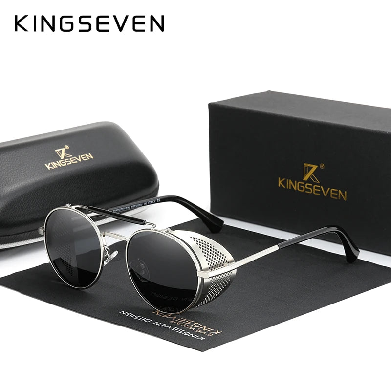 Genuine KINGSEVEN Retro Round Steampunk Sunglasses Men Retro Women Sun Glasses Shades Vintage Travel Eyewear Gafas De Sol 7550