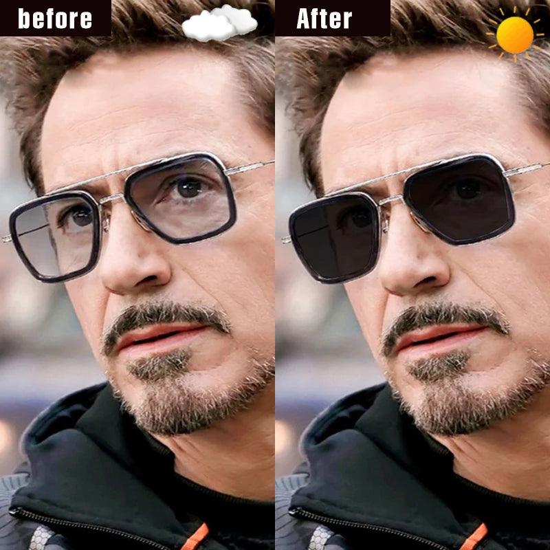 Top Quality Tony Stark Square Sunglasses Photochromic Polarized Men Glasses Steampunk Eyewear Driving Goggles zonnebril heren