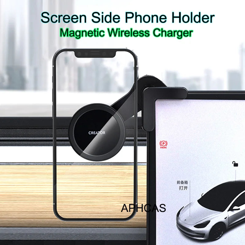 Magnetic Car Phone Holder for Tesla Model Y 3 Highland 2024 Display APP Foldable Mount Wireless Charging for iPhone 12 13 14 15