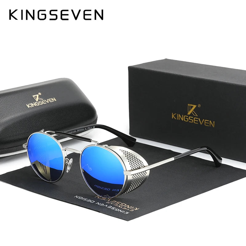 Genuine KINGSEVEN Retro Round Steampunk Sunglasses Men Retro Women Sun Glasses Shades Vintage Travel Eyewear Gafas De Sol 7550