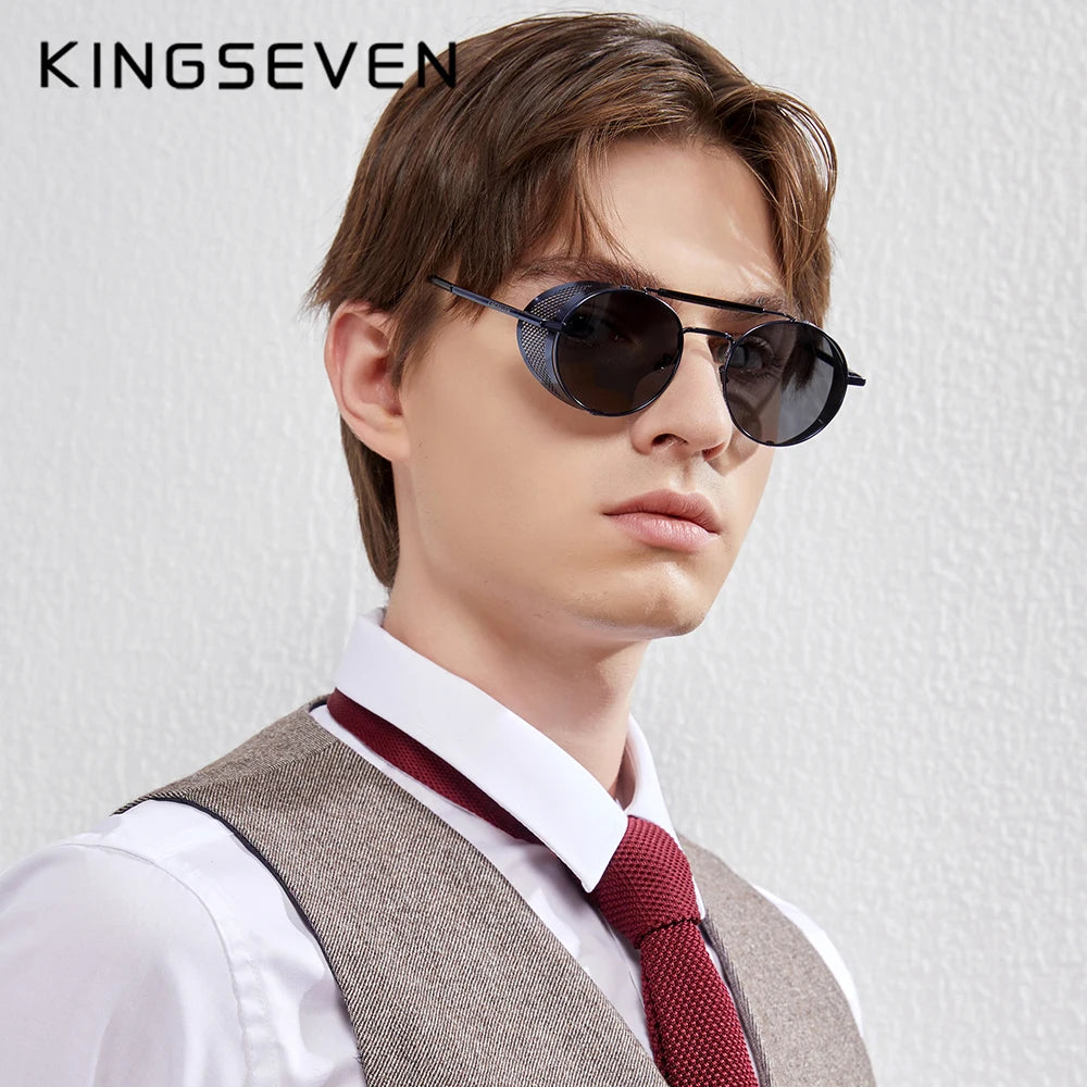 Genuine KINGSEVEN Retro Round Steampunk Sunglasses Men Retro Women Sun Glasses Shades Vintage Travel Eyewear Gafas De Sol 7550