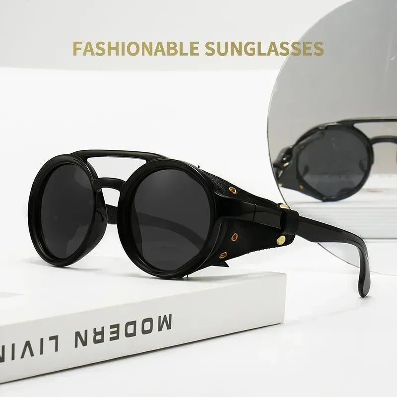 Steampunk Sunglasses Men Women Classic Sun Glasses with Side Leather Round Eyewears Punk UV400 Lens Vintage Fashion