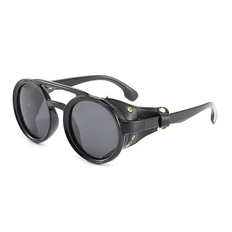 Steampunk Sunglasses Men Women Classic Sun Glasses with Side Leather Round Eyewears Punk UV400 Lens Vintage Fashion