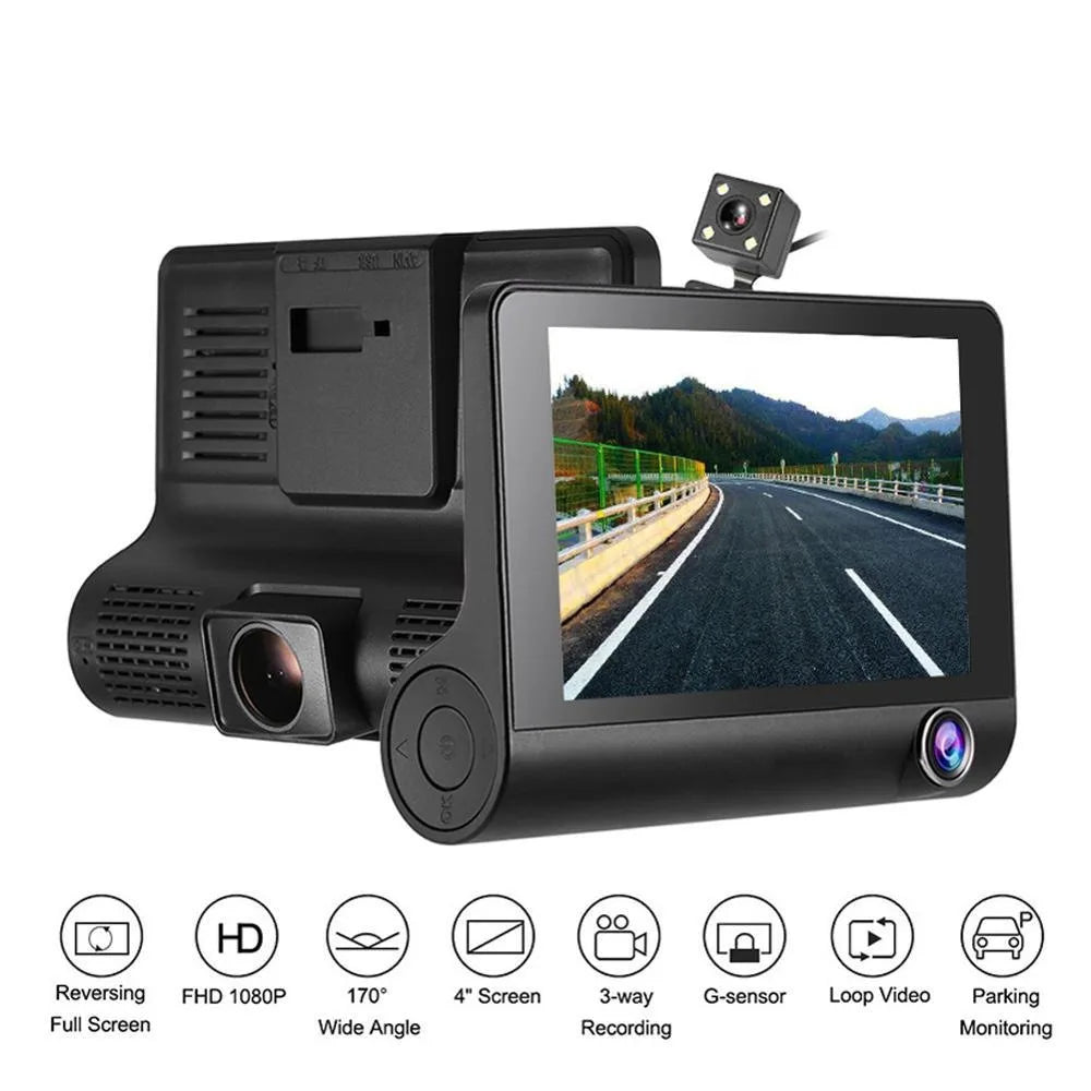 C2 Hidden Triple Lens Dash Cam 4-Inch Wide-Angle HD Night Vision Backup Camera Parking Monitor 1080P