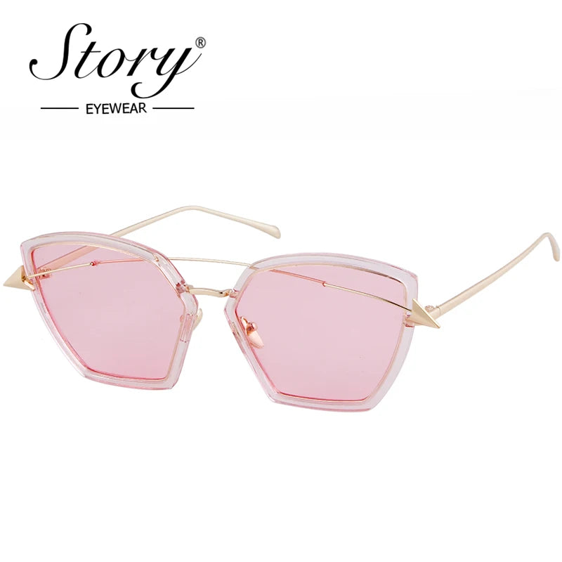 STORY 2018 Brand Arrow Oversized Sunglasses Women Fashion Metal Frame Cat Eye Glass Pink Black Yellow Shades Eyewear Female