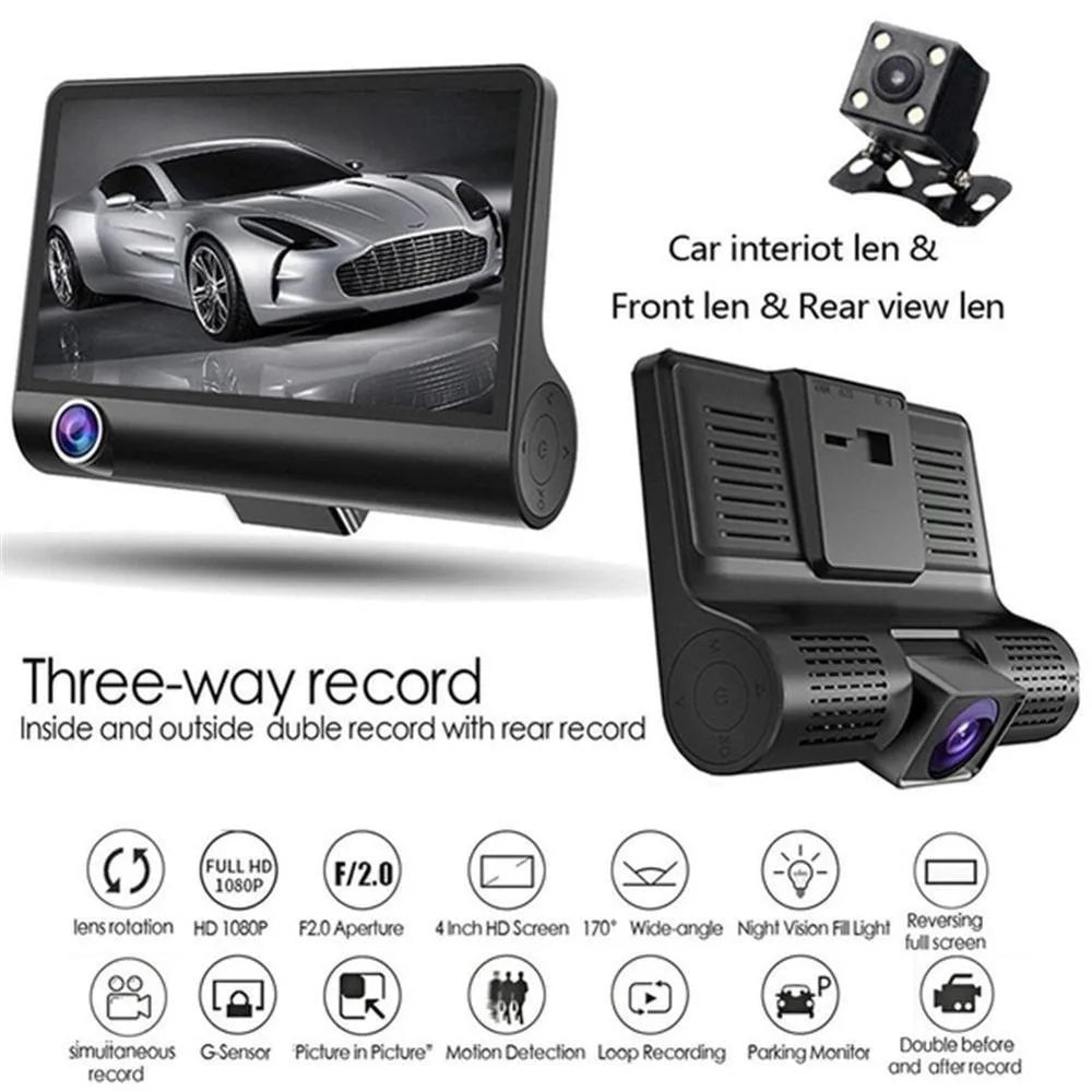 C2 Hidden Triple Lens Dash Cam 4-Inch Wide-Angle HD Night Vision Backup Camera Parking Monitor 1080P