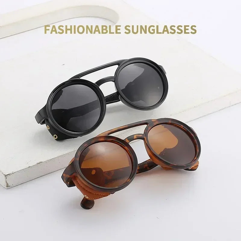 Steampunk Sunglasses Men Women Classic Sun Glasses with Side Leather Round Eyewears Punk UV400 Lens Vintage Fashion